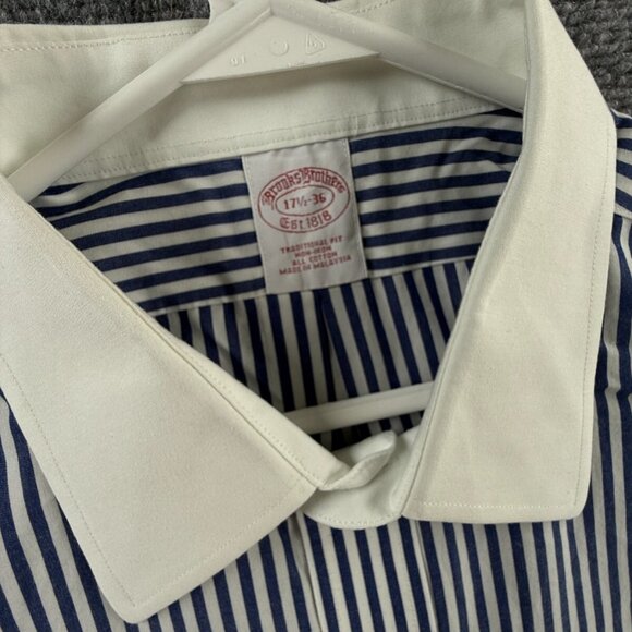 Brooks Brothers Striped Non-Iron Point Cotton Traditional 17.5 36 Blue Men Shirt - Picture 7 of 16